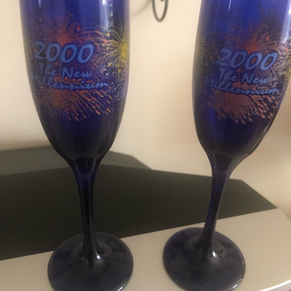 Vintage 2000  Navy Blue Glass Flutes with Hand-Painted Firework Accents